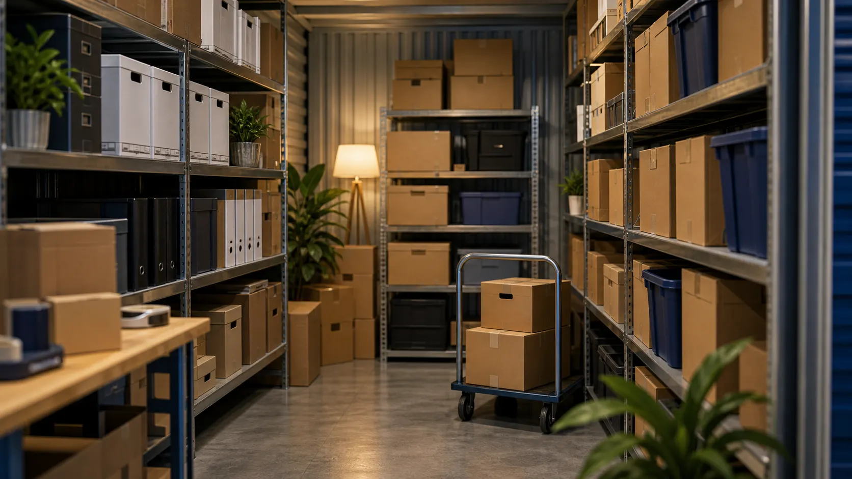 Business storage shelving with boxes and inventory