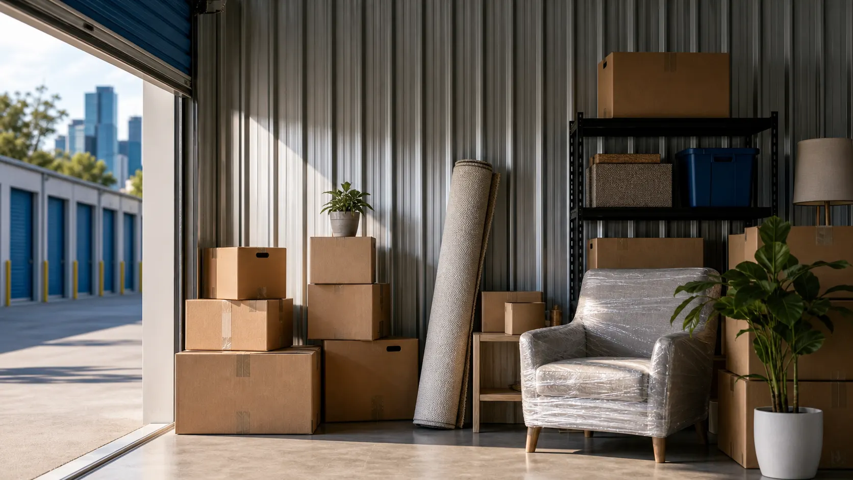 Natural self storage unit with boxes and furniture in Melbourne