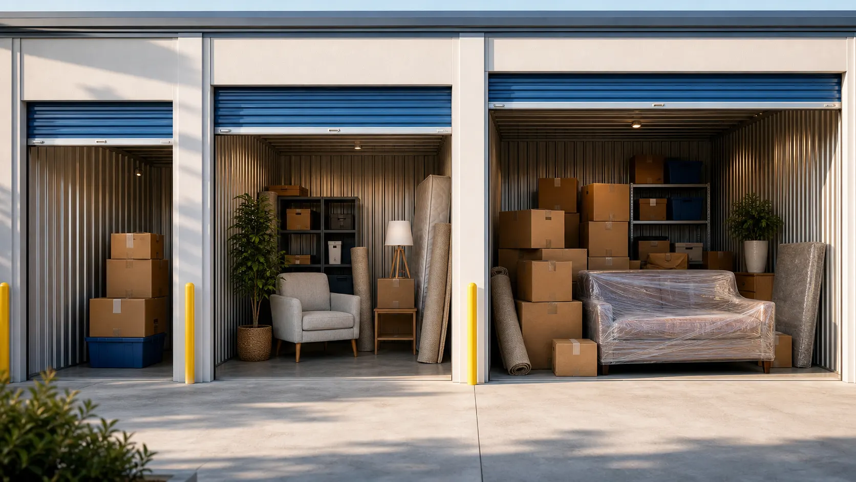 Storage units showing different size options with boxes and furniture